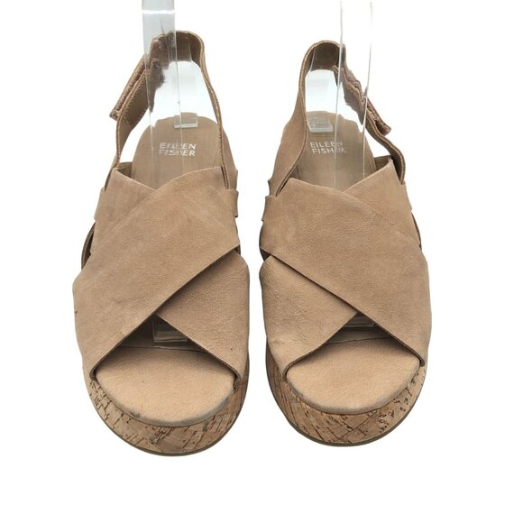 Eileen Fisher Timor Tan Nubuk Cork Wedge Sandals Open Toe Size 7.5 - Picture 2 of 7